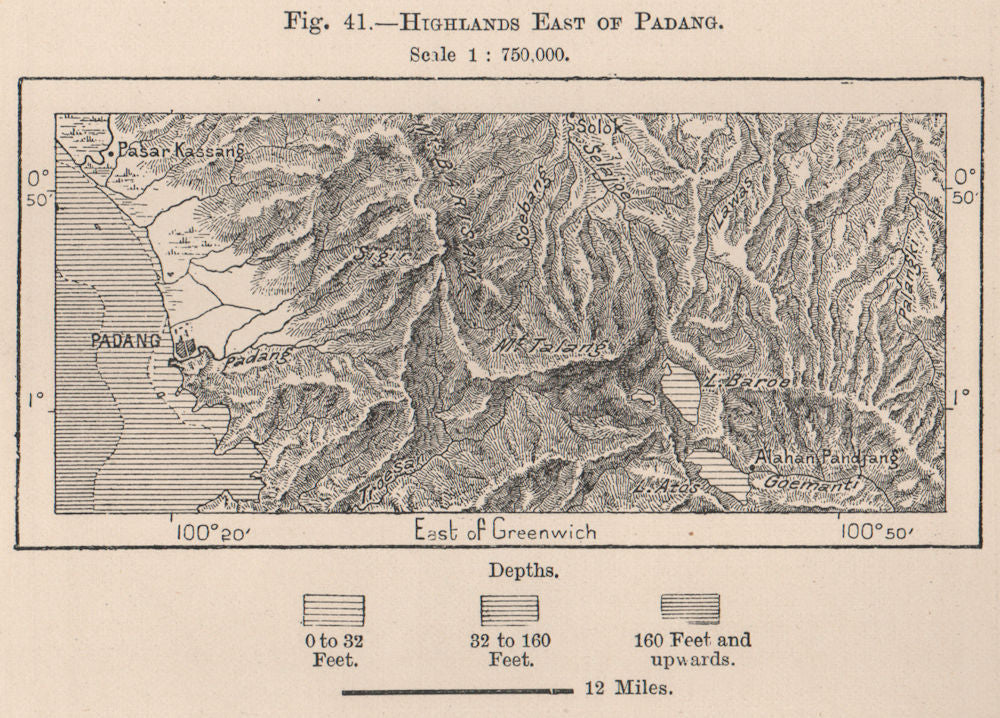 Highlands east of Padang, Sumatra, Indonesia. East Indies 1885 old antique map
